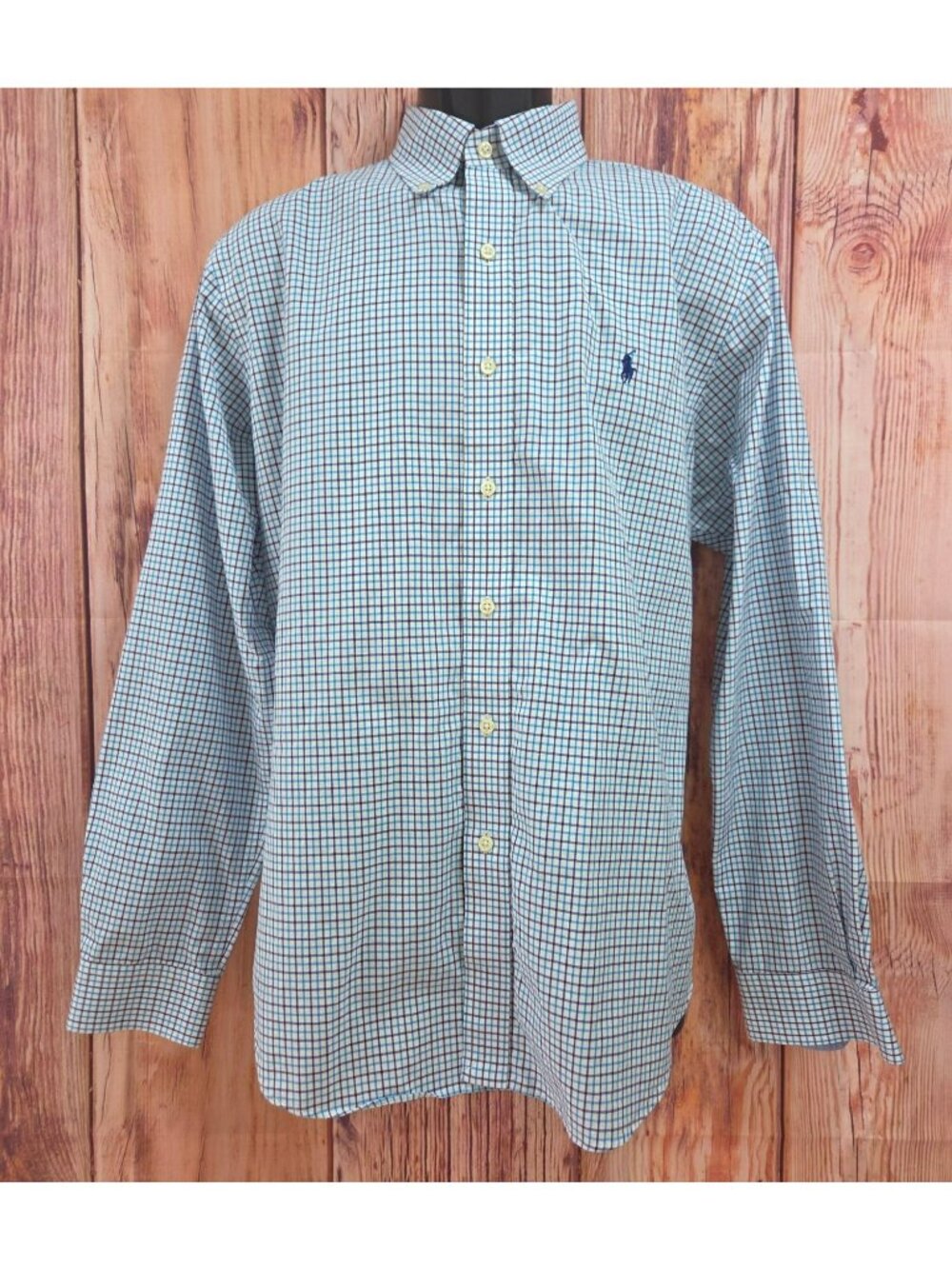 Ralph Lauren Classic Fit Non-Iron Plaid Long Sleeve Shirt Large Blue White